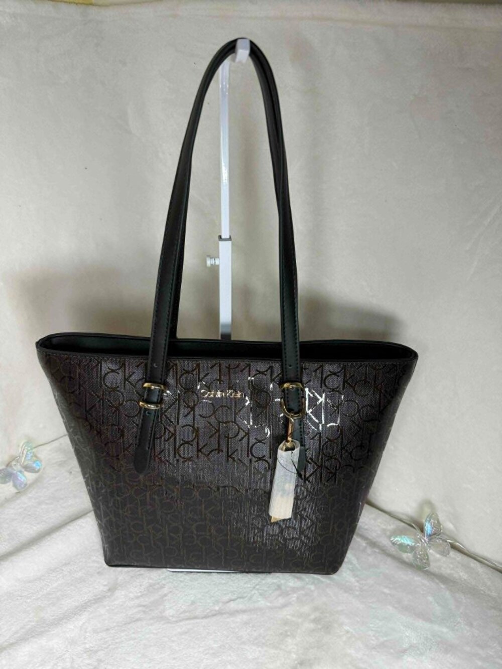Calvin Klein Brown Tote Handbag + Gold Bag Charm — MSRP $168